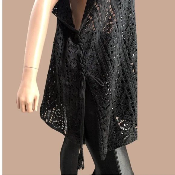 90s Black Open Knit Lace Crochet Tunic M/ L Side Cinch Y2K Dark Fairy WimsiGoth - Picture 8 of 11